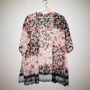Sheer Floral Fringed Short Sleeve Open Cardigan
